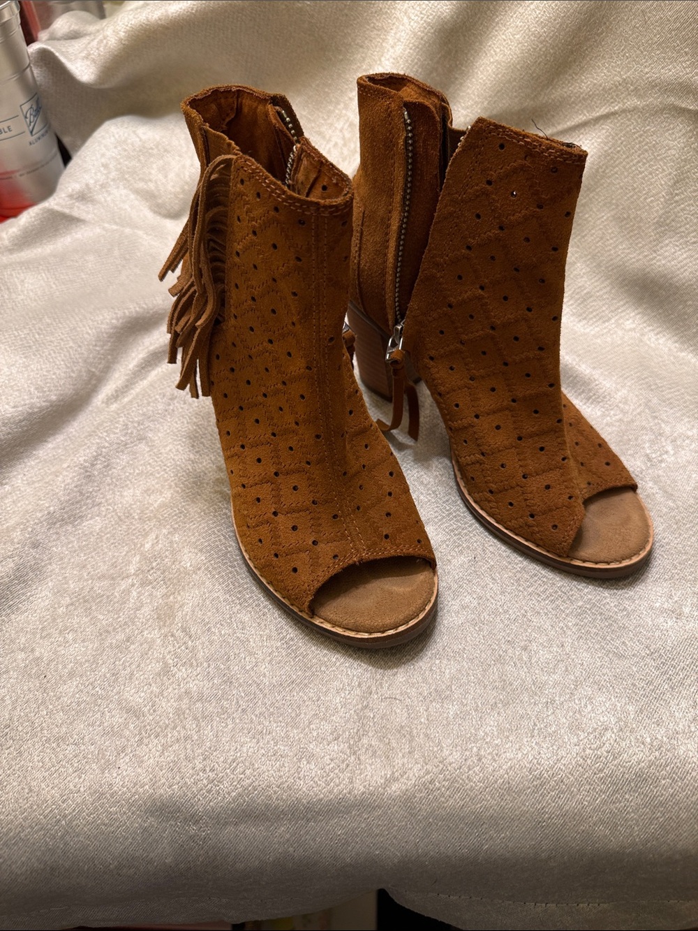 Toms Brown Suede Peep-Toe Fringe Ankle Heeled Boots